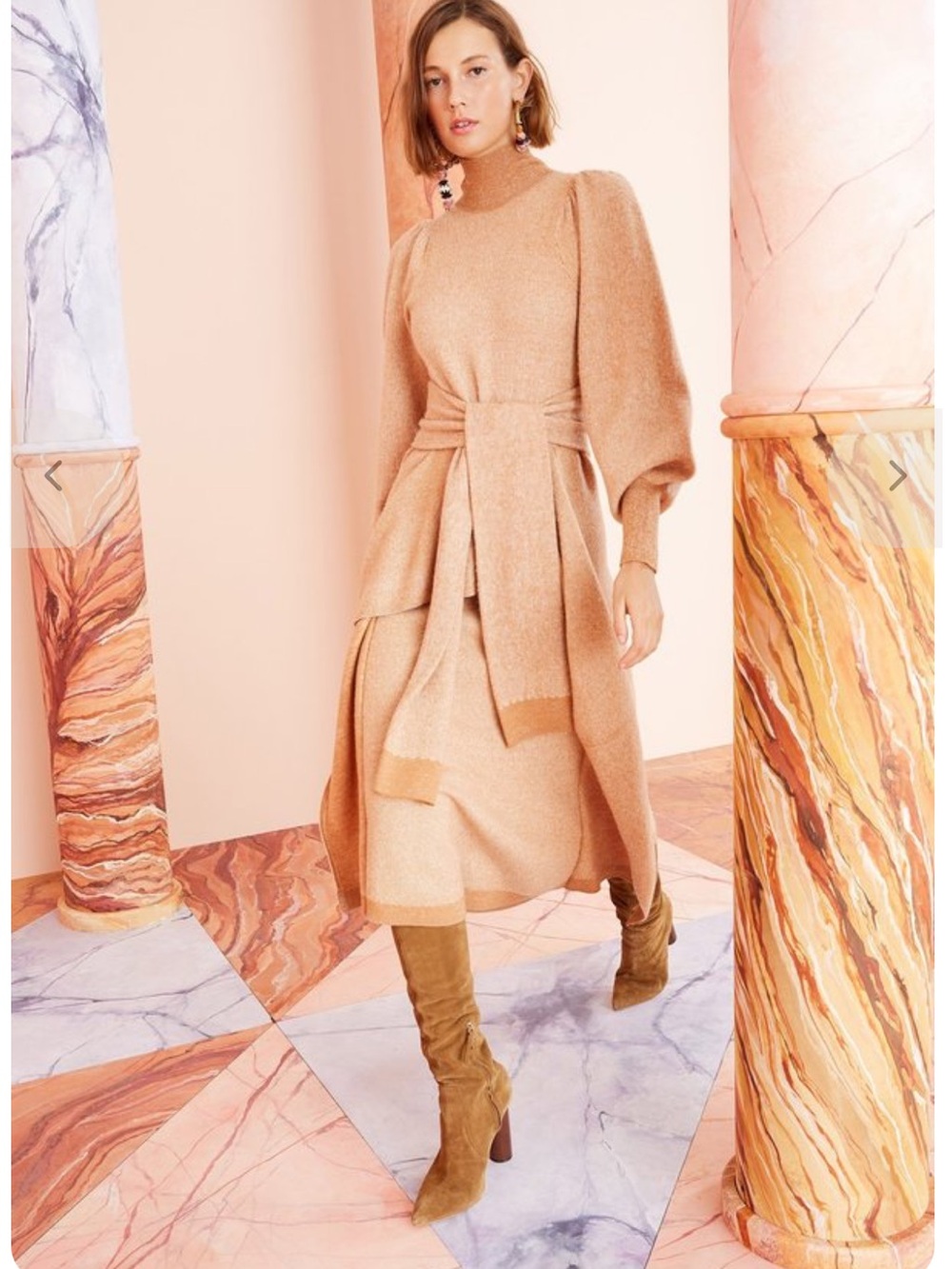 Ulla Johnson Tan Orange Astrid Knit Long Sleeve Tie-Waist Dress